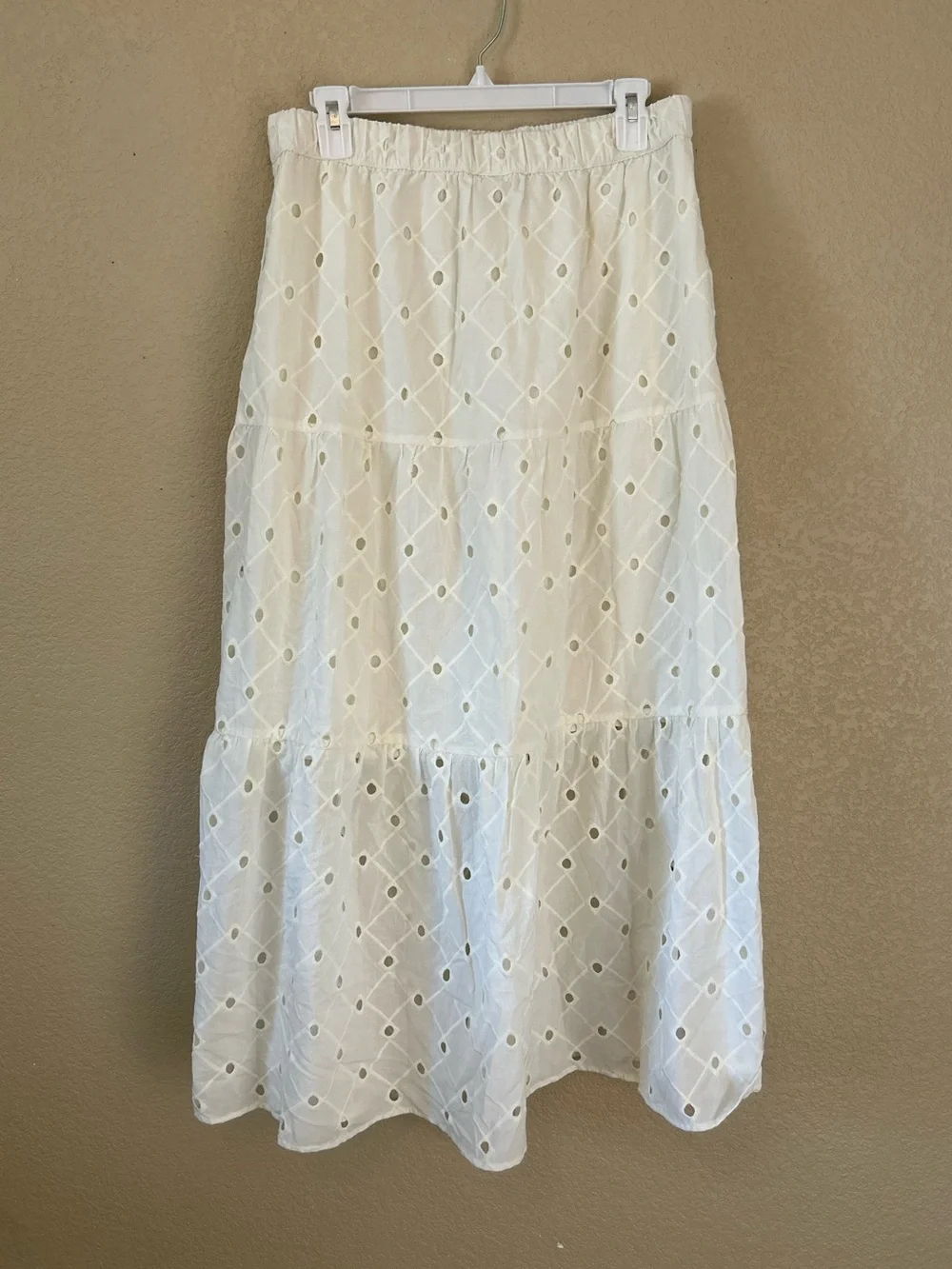 White Eyelet Tiered Maxi Skirt Lined Size M Coastal